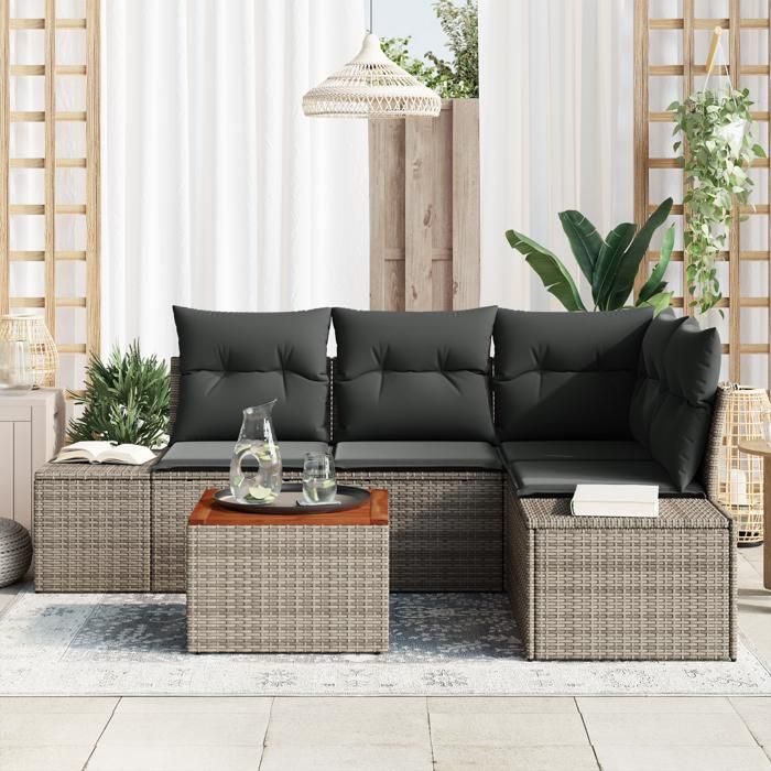 VidaXL Ensemble de 5 Pièces de Canapé de Jardin avec Coussins Gris Poly Rattan Acacia 3347951