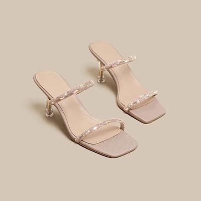 Women's Fashion Slippers 2025 Open-toe Stiletto Sandals with A Crystal-embellished Strap Matching Skirt Party Sequin High Heels