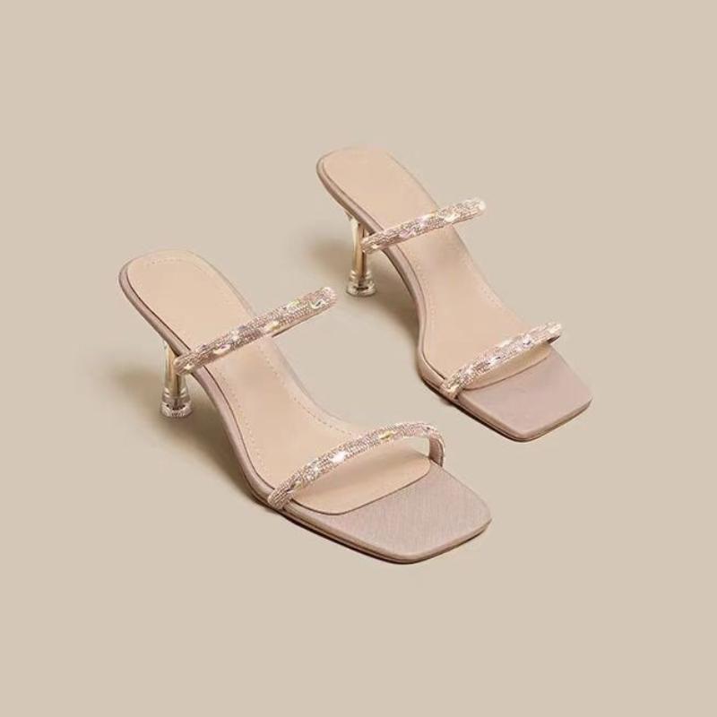 Women's Fashion Slippers 2025 Open-toe Stiletto Sandals with A Crystal-embellished Strap Matching Skirt Party Sequin High Heels