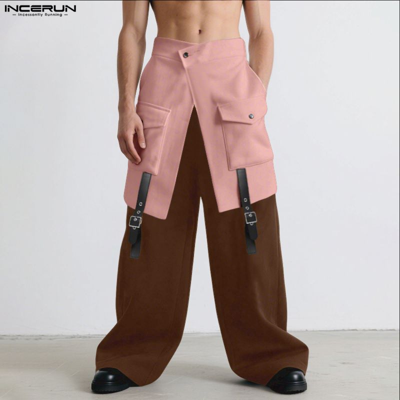 INCERUN Men High Wrap Waist Patchwork Zip-up Casual Loose Long Wide Legs Pants Trousers