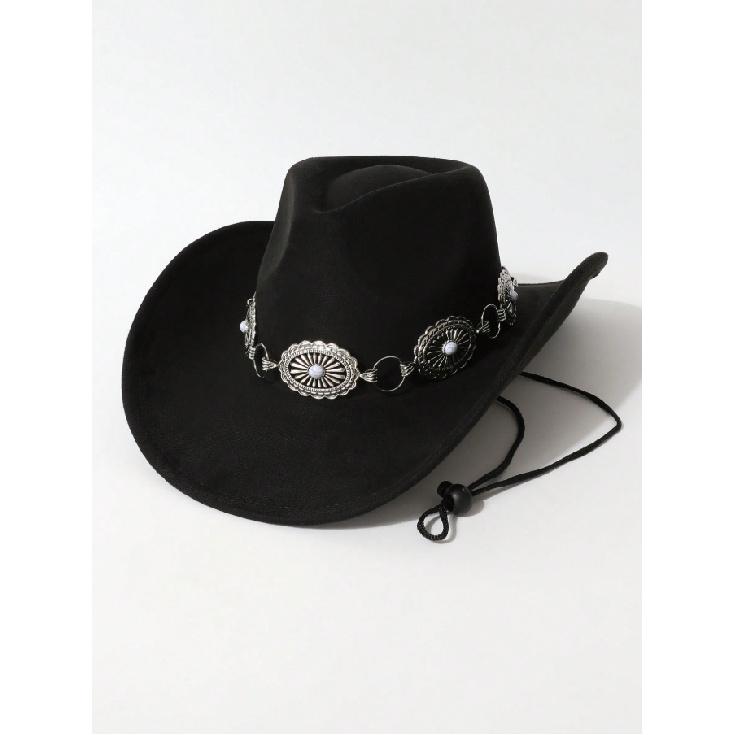 Western cowboy style faux suede hat Vintage metal decorative hollowed-out belt accessory Stage Performance Outdoor Party