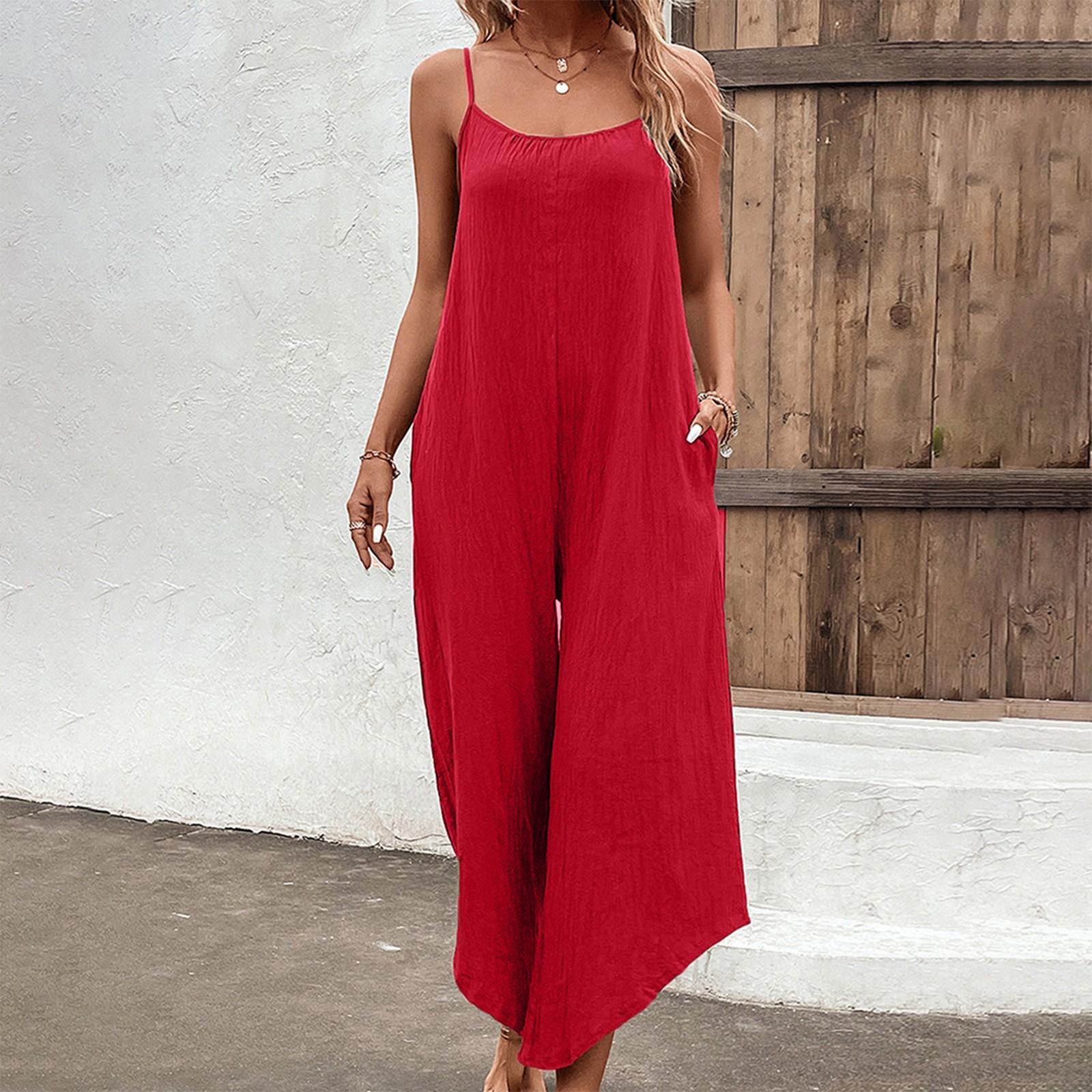 

Женский модный однотонный карманный асимметричный комбинезон без рукавов с широкими штанинами L красный