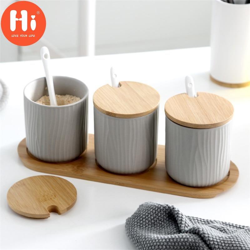 Hi Nordic Ceramic Spice Rack Seasoning Jar Kitchen Salt Pepper Storage Bottle with Cover and Spoon Set Creative Simple Condiment