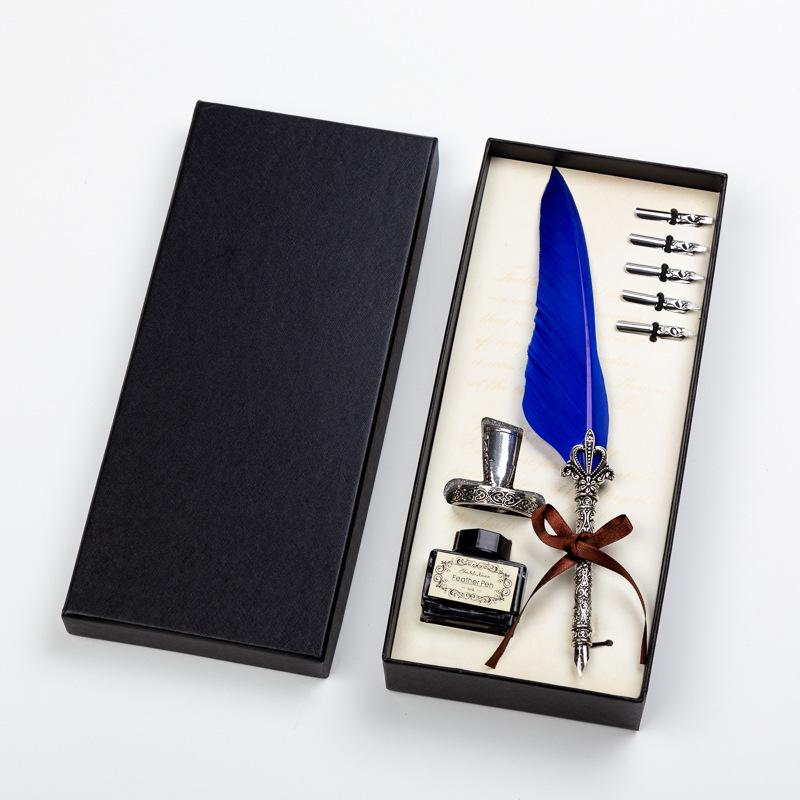 Goose Feather Pen Set with Carved Base and Stainless Steel Nibs - Unique Gift