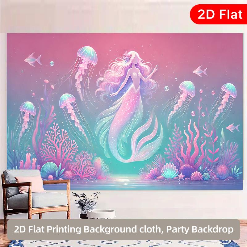 2D Plane, Beautiful Dream Mermaid Background Cloth, Indoor and Outdoor Party, Suitable for Room Decoration, Polyester