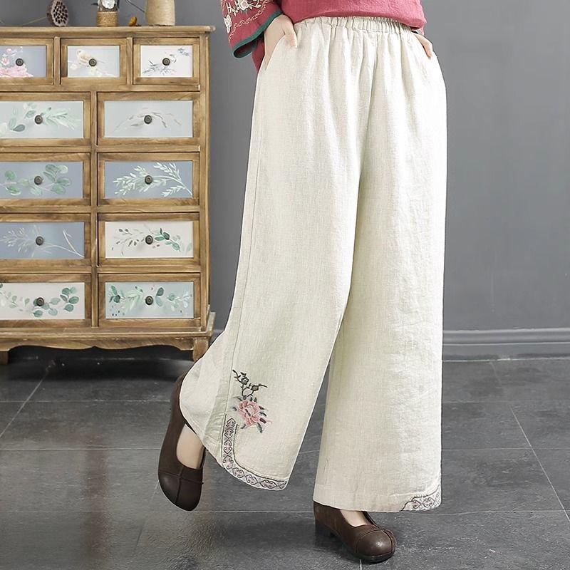 Tide Women's Spring Elastic Waist Cotton Linen Straight Leg Pants with Retro Embroidery