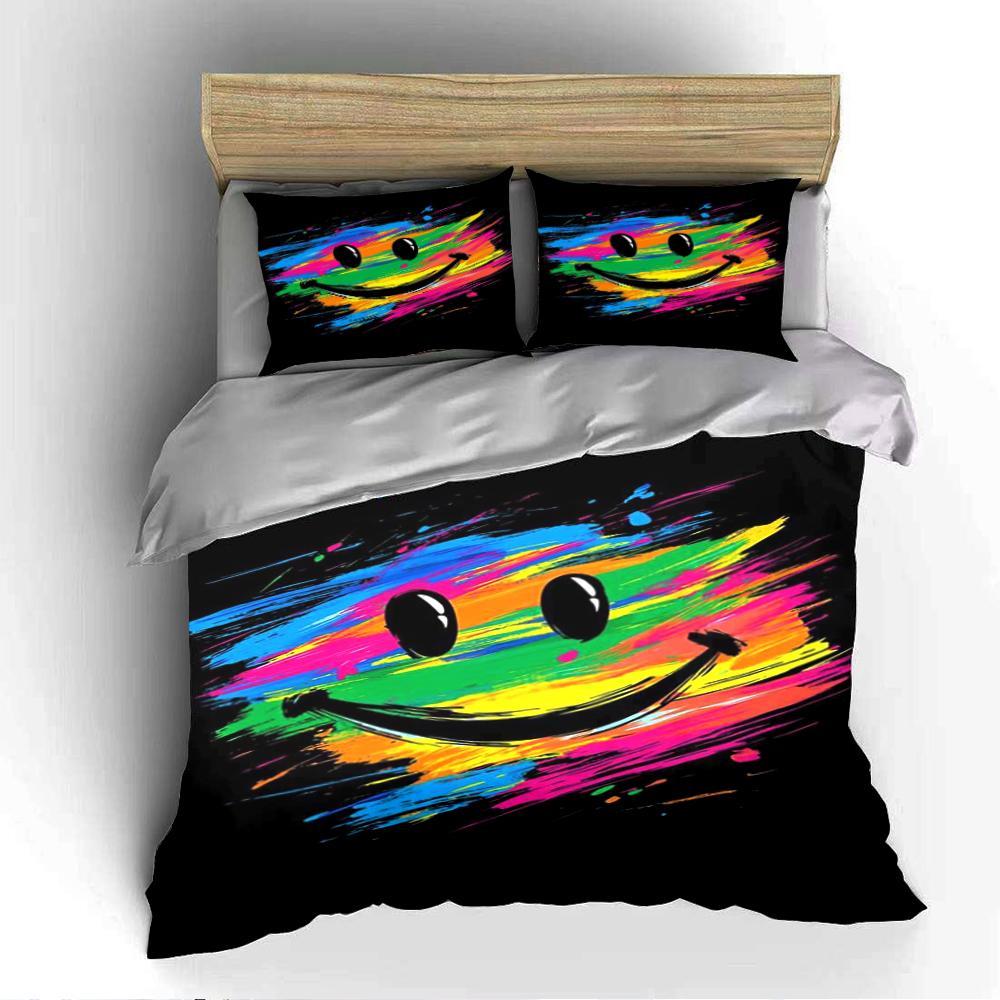 Colorful Smiley Face Bedding Set Black Bedding Set (1 Duvet Cover, 2 Pillowcases, Duvet Not Included)