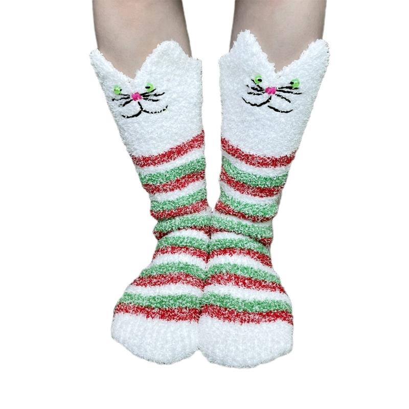 Womens Cozy Fuzzy Crew Socks Christmas Striped Cute Cat Embroidery Winter Warm Thermal Soft Fluffy Sleep Slipper Socks 1