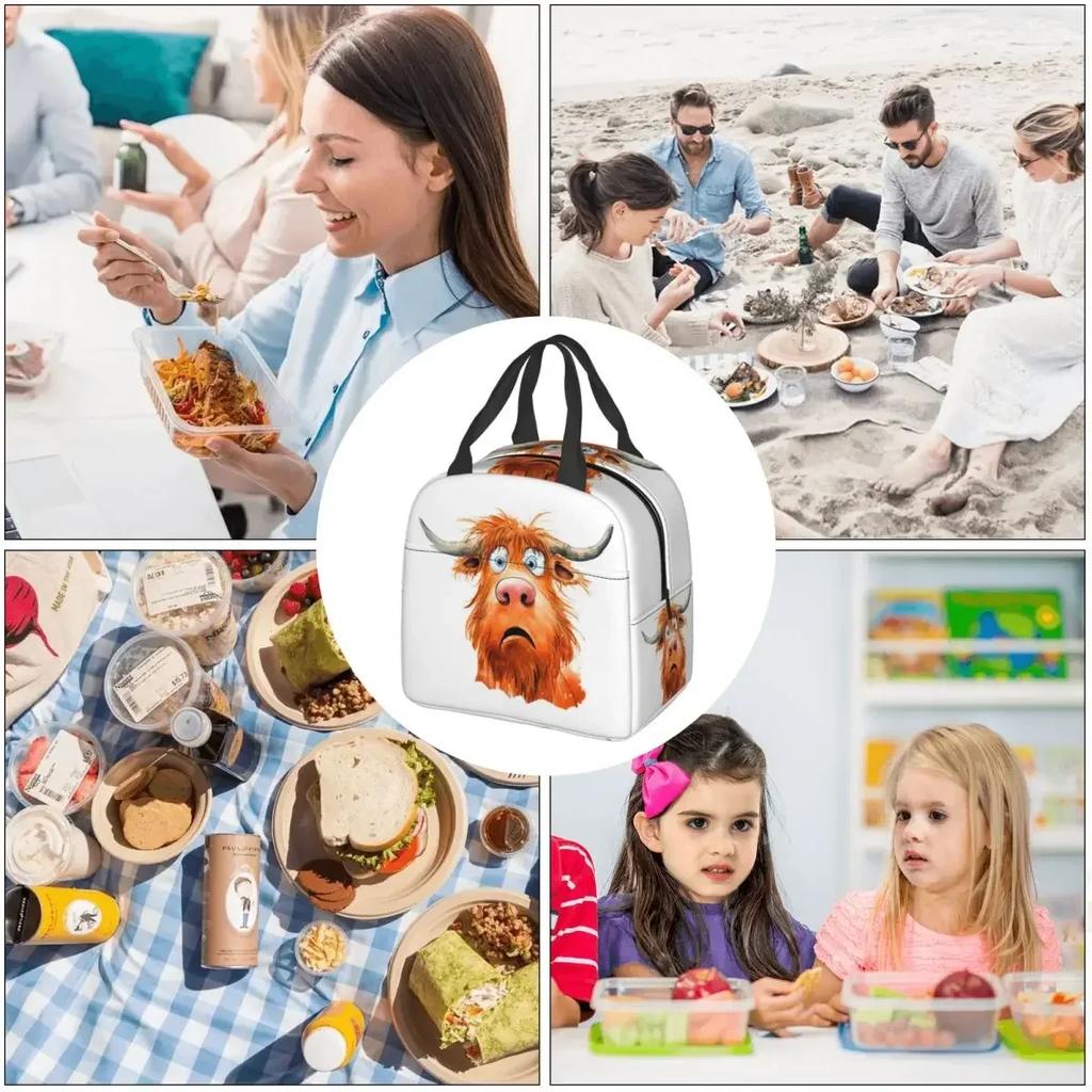 Funny Highland Cow Insulated Lunch Bag for Women Kids Portable Food Boxes Thermal Lunch Box Tote