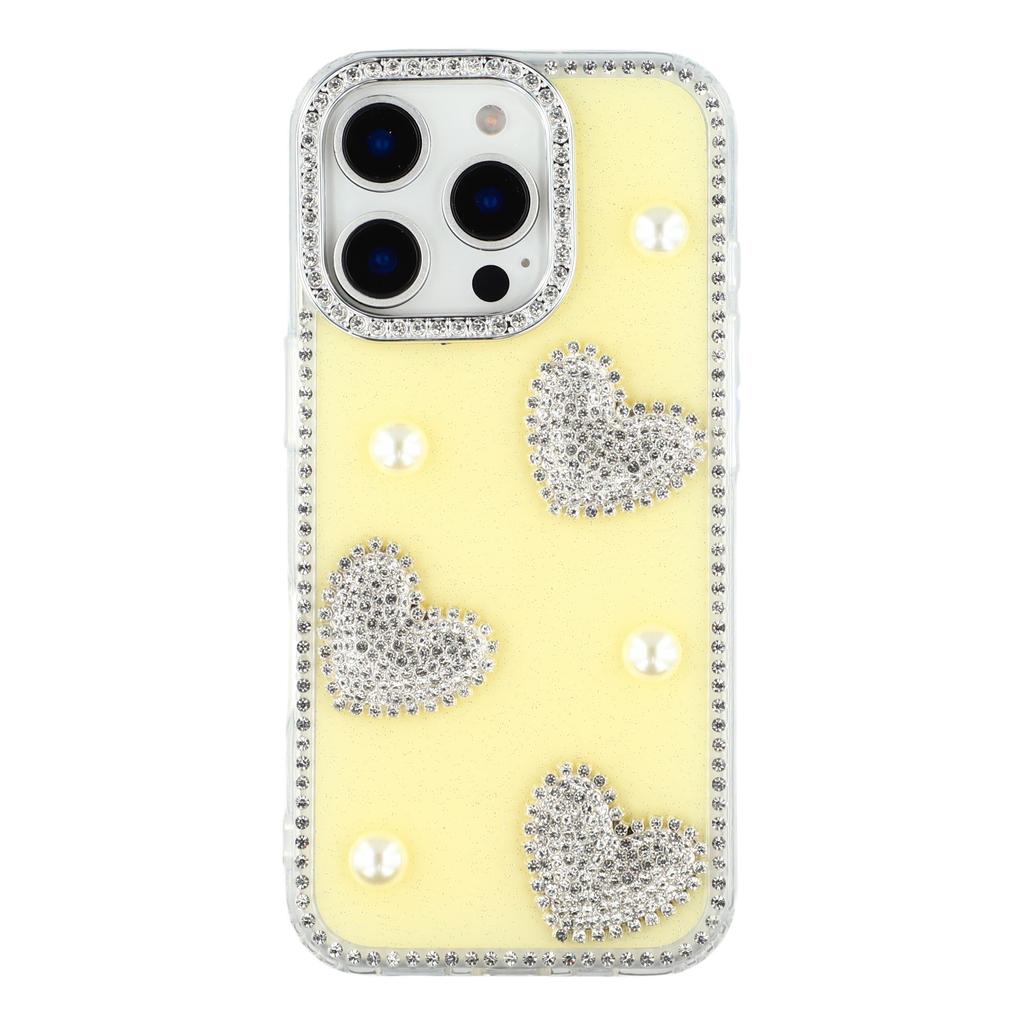 For iPhone 16 Pro Case Rhinestone Edge Pearl Love Decor TPU+PC IMD Phone Cover