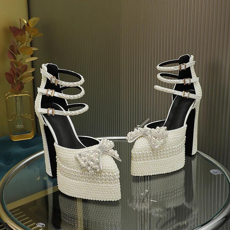 Fashion Brand Hand Inlaid Pearl/Rhinestone High Heel Sandals Wedding Bridal Party Water Platform Bow Sandals Large 42 Sexy Women's Shoes