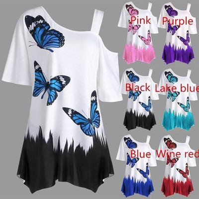 Frauen Mode Schmetterling Druck Eine Schulter Kurzarm Tunika T-shirt Lose Bluse Tops Plus Größe Mode T-shirt