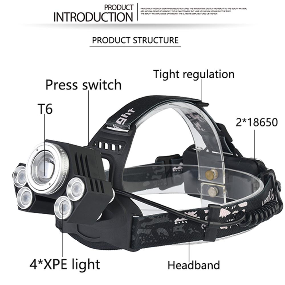 Outdoor 30W USB Charging 5 LEDs Zoom Headlamp Flashlight
