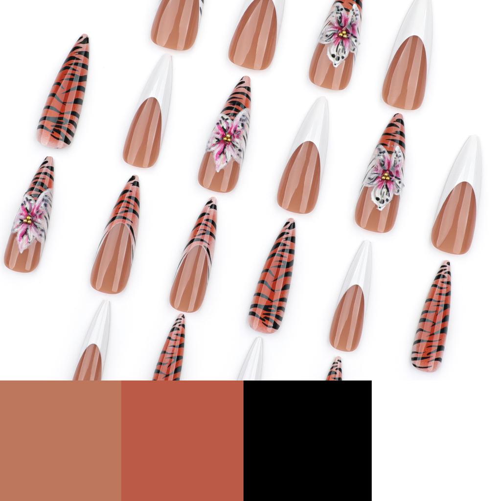 European and American Autumn and Winter Popular Nail Art French Style Simple White Wearable Nail Tips Leopard Print 3D Flower False Nails