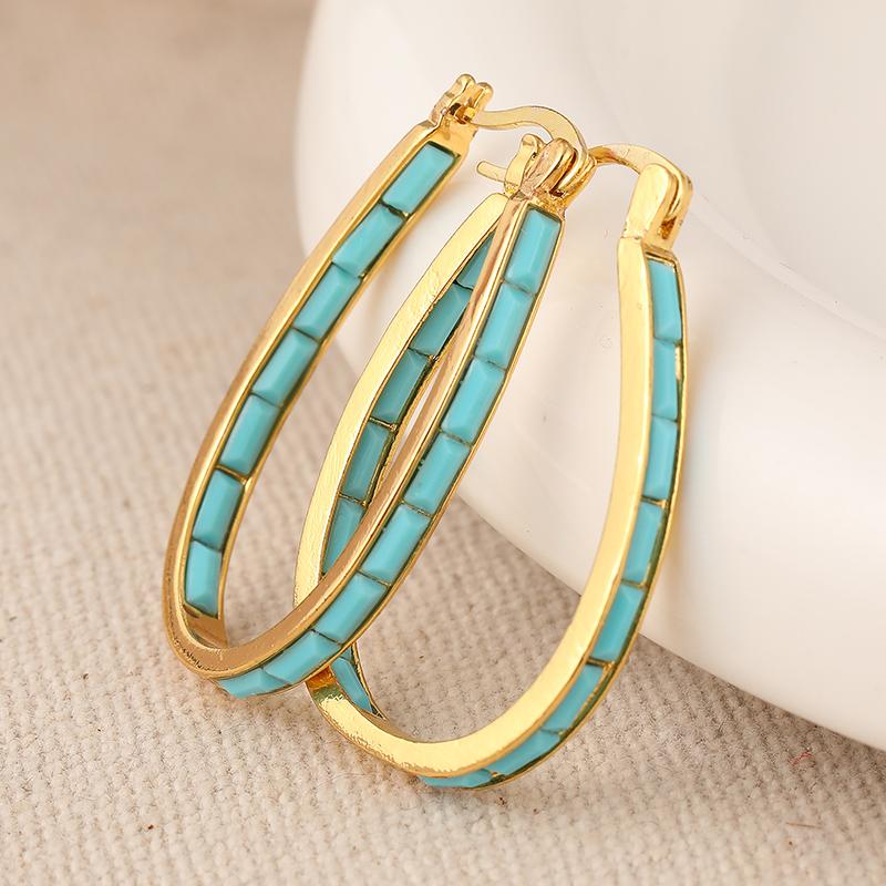 Vintage Simple Synthetic Turquoise U Shaped Golden Plated Hoop Earrings for Women's Bohemian Style Vacation Jewelry Accessories