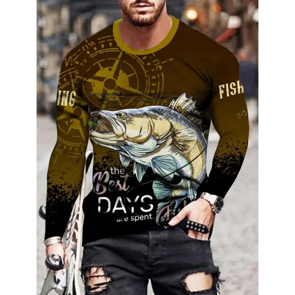 Herren T-Shirts Mode Angelmuster Druck Outdoor Sport Langarm T-Shirt Herbst Schnelltrocknend Streetwear