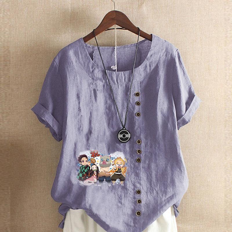 Women's Fashion Round Neck Short Sleeve T-shirt Casual Cotton Linen Graphic Shirt Leisure Loose Cartoon Characters Prined Summer Blouse Tops