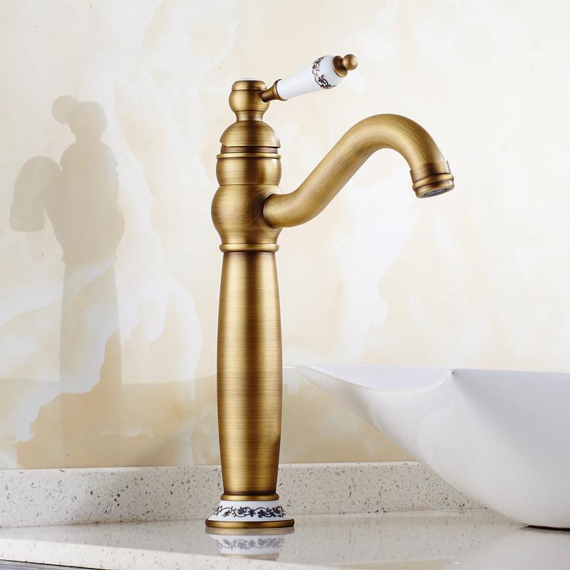 European Antique Swivel Faucet: Hot & Cold Countertop Basin, Single Hole Retro Design