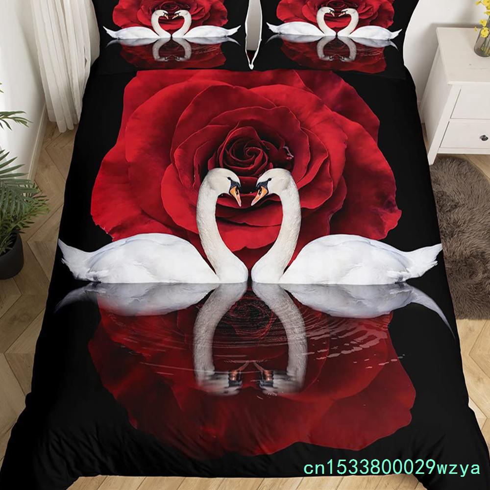 Romantisches Bettbezug-Set mit Schwanenmotiv, Kingsize, Wildtier-Bettbezug, Schmetterlings-Blumenmuster, Bettwäsche-Set für Valentinstag, Hochzeitsdeko