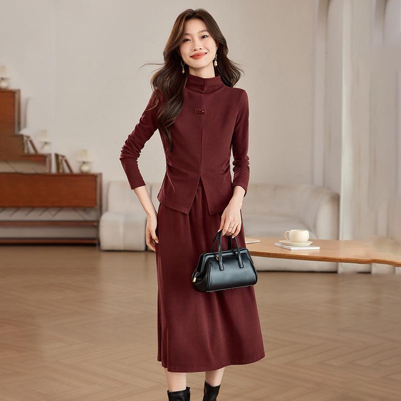 Moda de primăvară 2025: Rochie două piese groasă, periată, cu guler înalt și fustă midi (SH039)