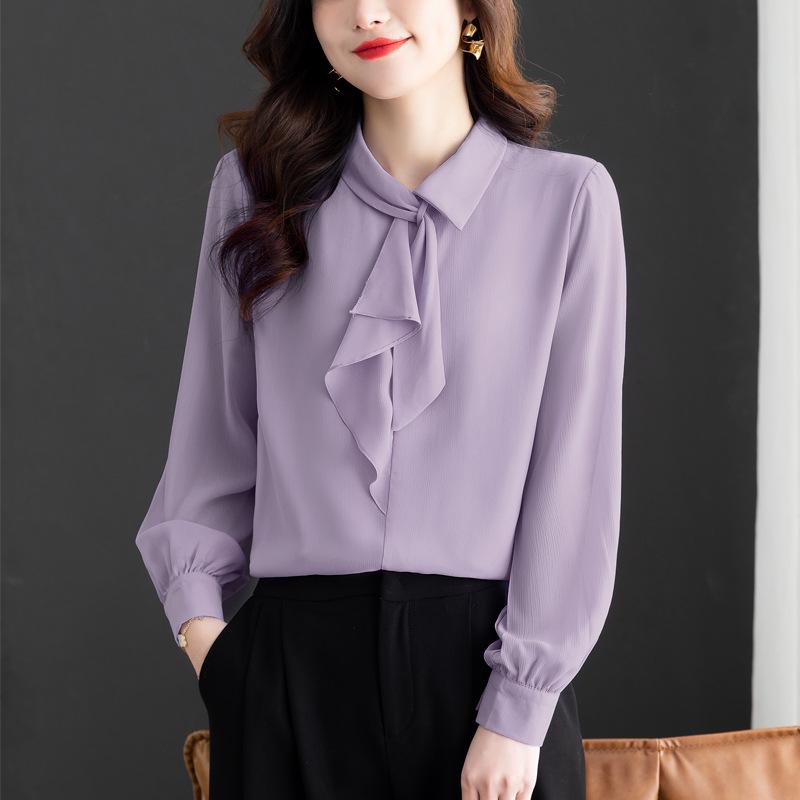 Spring 2025 French Chiffon Ribbon Shirt - Age-Reducing Long Sleeve Top for Women