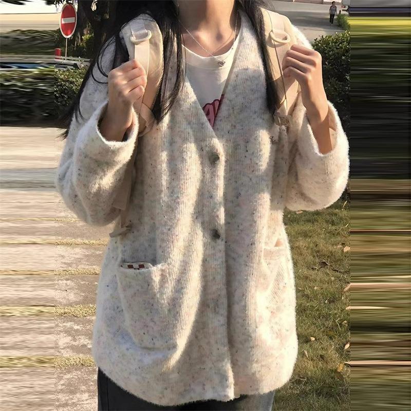 V-neck long-sleeved knitted cardigan sweater women's autumn and winter new college style loose coat top thickened