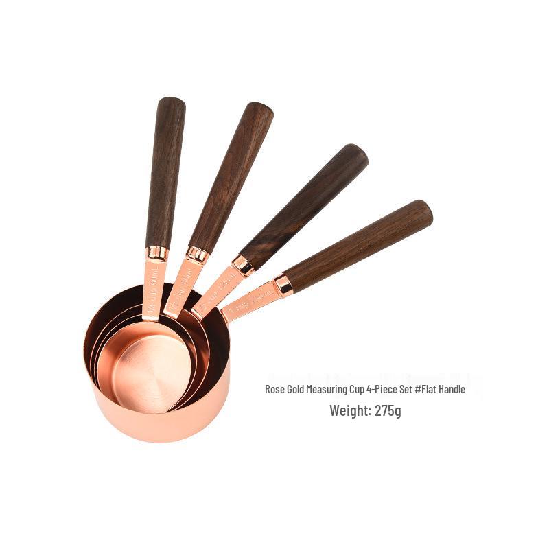 Gold-Plated Stainless Steel Measuring Cups & Spoons Set with Acacia Wood Handles – 8 Pieces