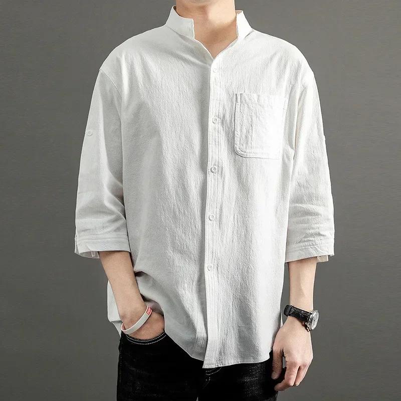 Summer Japanese Casual Loose Stand Collar Cotton and Linen Shirt Men's Linen Shirt Three-quarter Sleeve Men Shirts
