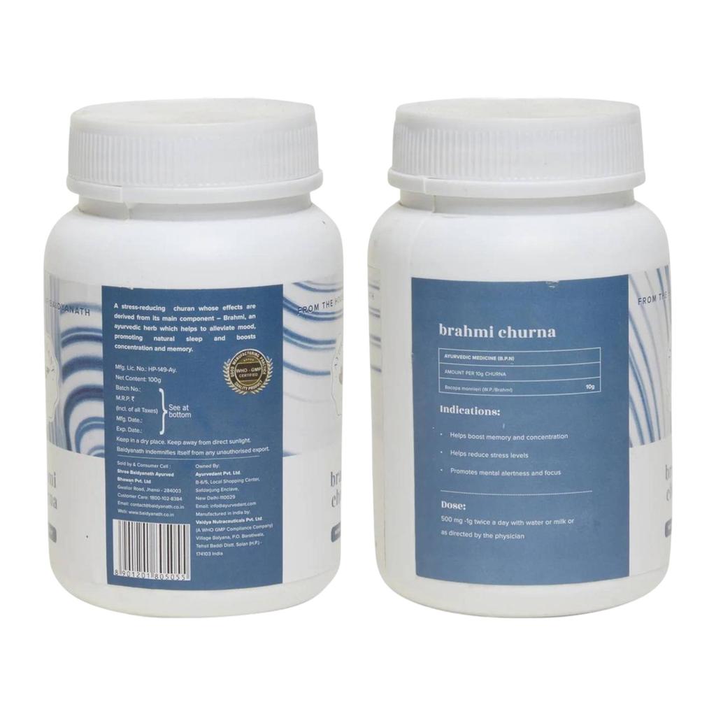 Baidyanath Ayurvedant Brahmi Churna 100g X 2 Pack Natural Brain Support Powder for Focus Memory and Mental Wellness