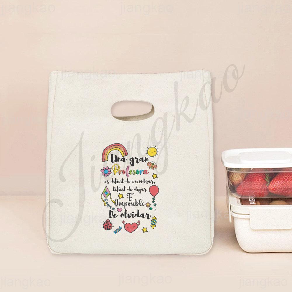 Spanish Printed Portable Lunch Bags Thermal Insulated Bag Teacher Life Picnic Foods Cooler Storage Pouch Thanks Gift for Teacher