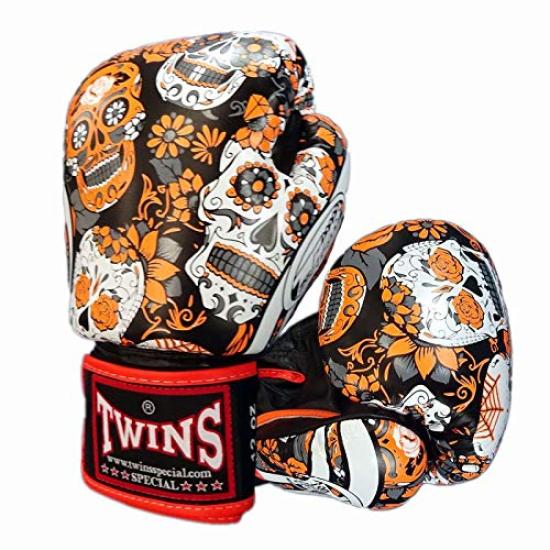 

Twins Boxing Gloves Genuine Leather Sugar Skull 12oz Orange/Black