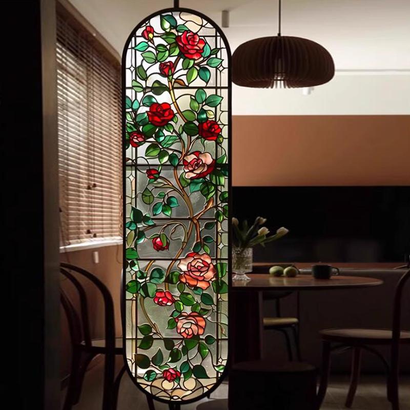 Retro Colorful Rose Flower Window Film Self-Adhesive Privacy Protection Glass Film European Style Home Decoration Sticker