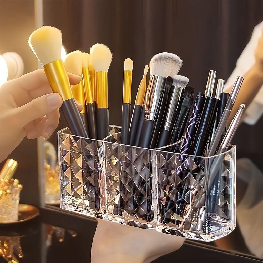 3 Grids Cosmetic Organizer Clear Lipstick Brush Storage Multi-purpose Makeup Brush Holder Desk