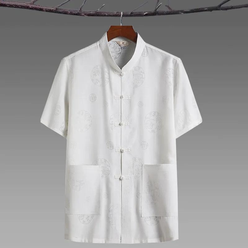 Summer Chinese Tang Suit Short-Sleeved Suit Men's Hanfu Kung Fu Shirt Tai Chi Solid Color Cotton Linen Layman's Clothing Summer Linen Suit