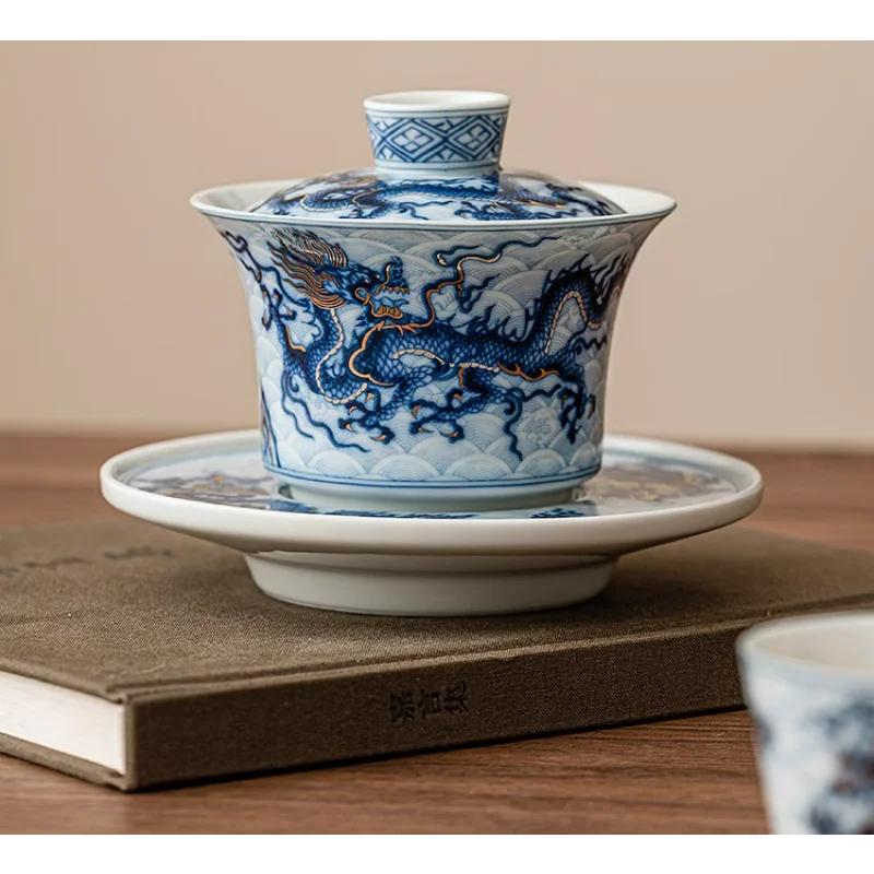 

1SET 150ml Chinese Blue and White Porcelain Gaiwan Dragon Pattern Ceramic Teacup Exquisite Portable Beauty Tea Infuser
