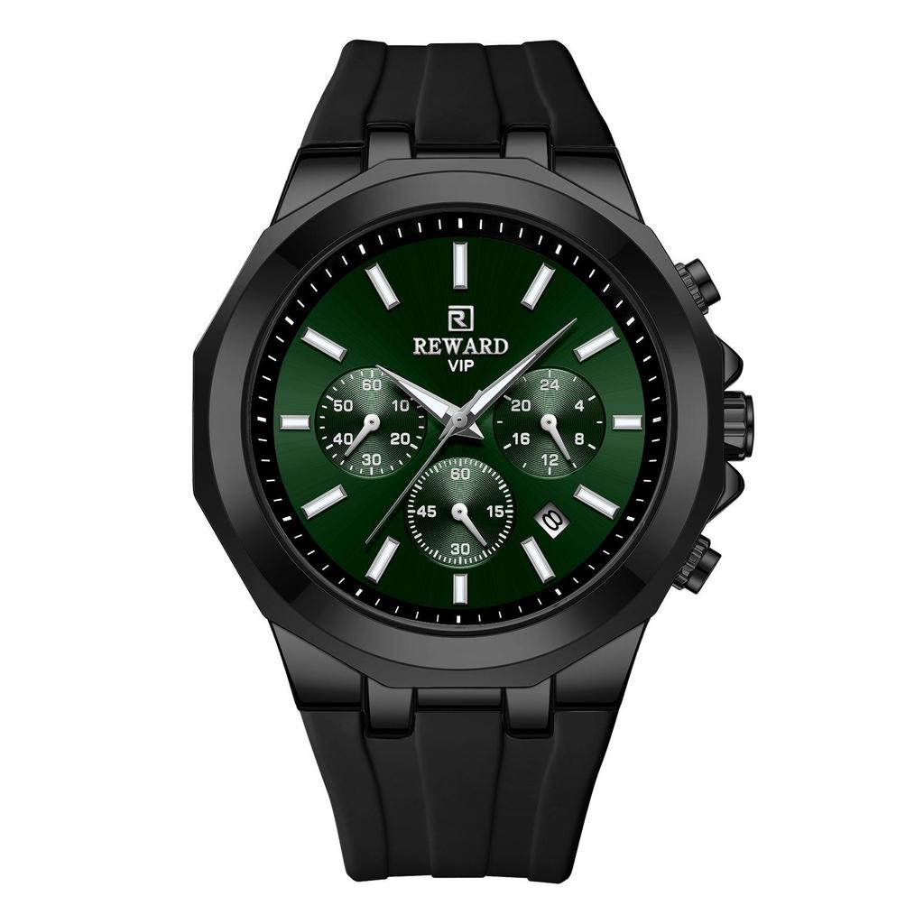 Men's Quartz Watch with Silicone Band, Multifunctional Design, Three Subdials, Six Hands, and Calendar.