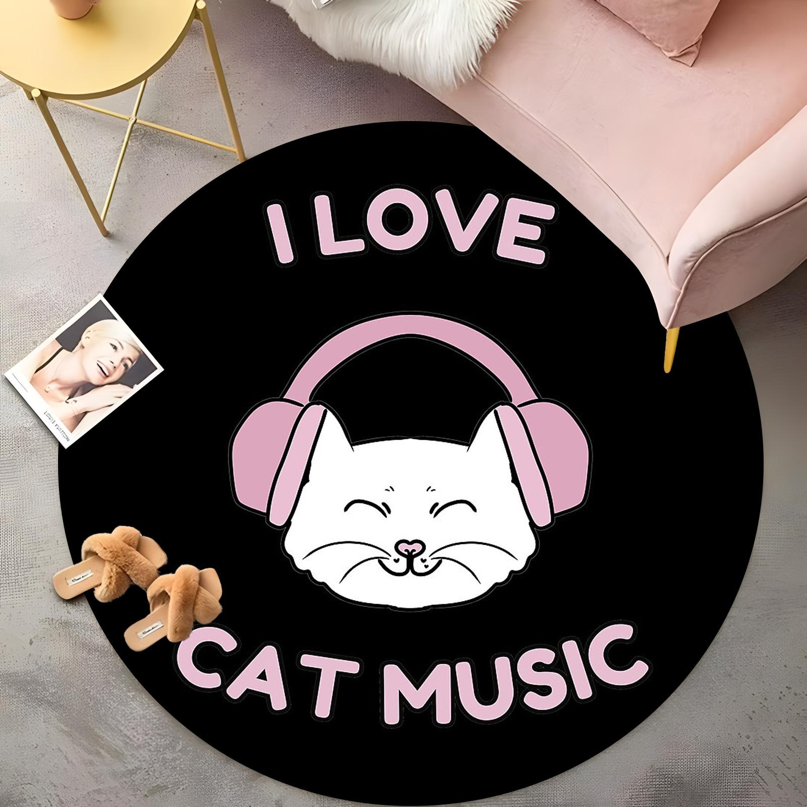 

Cat Music Lover Round Rug - Pink Headphone Kitty Design on Black, Bohemian Living Room Carpet, Non-Slip Pet Owner Floor Mat 60cm