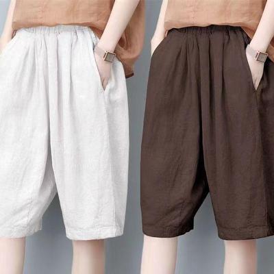 Damen Baumwolle Leinen Casual High-Waist Weitbeinshorts
