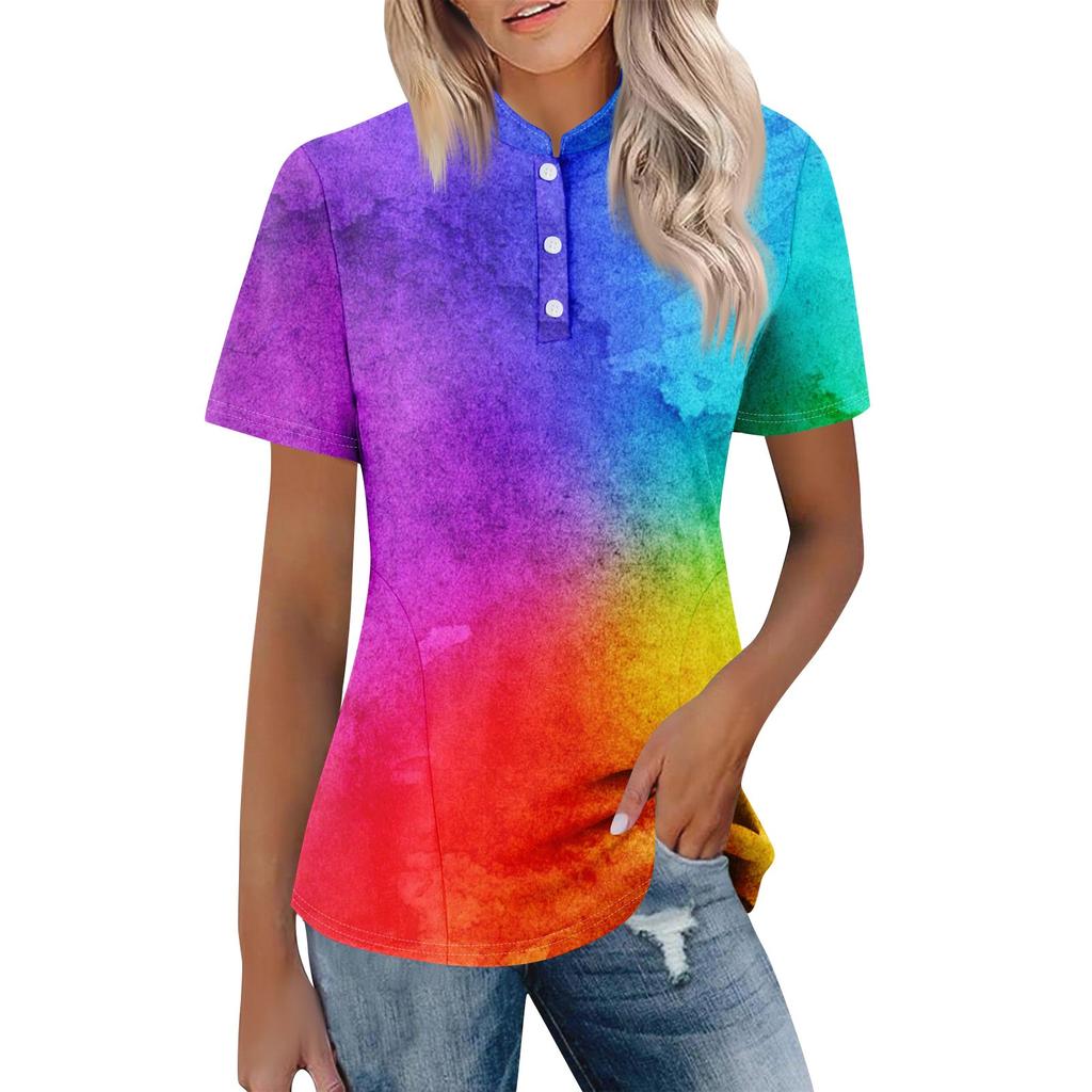 Women's Casual Floral Print V-Neck Short Sleeve Decorative Button T-Shirt Top