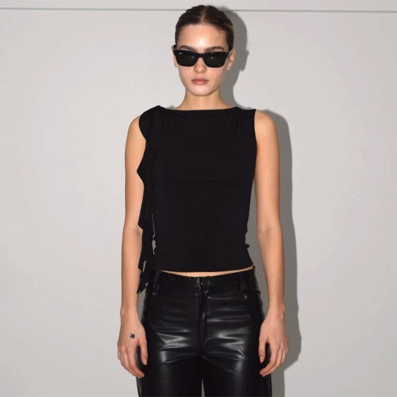 Summer Women'S Solid Color Vest Fluttering Tassel Sleeveless Slim Pullover Round Neck T-Shirt Casual Street Wear Y2K