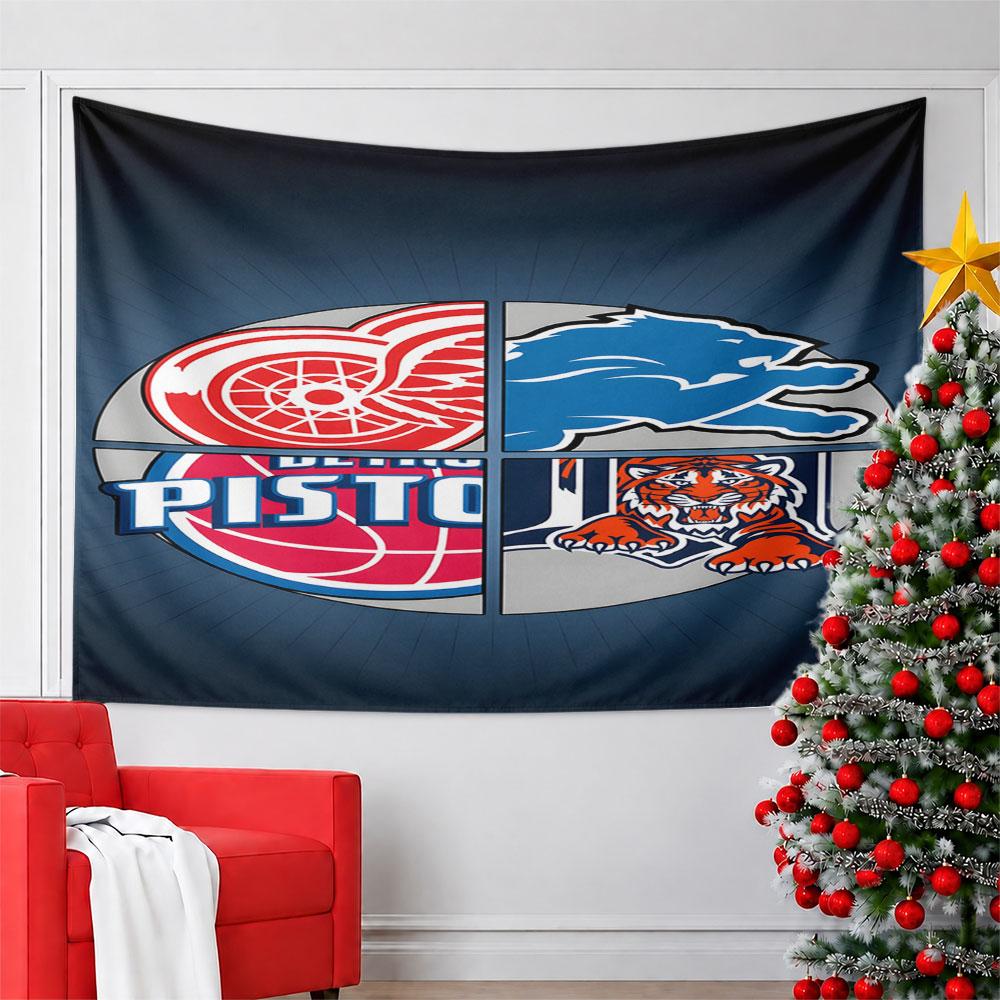 Detroit Sports Team Logos Collage Pattern Wall Hanging Tapestry Decorative Tapestry Home Decor for Bedroom and Living Room