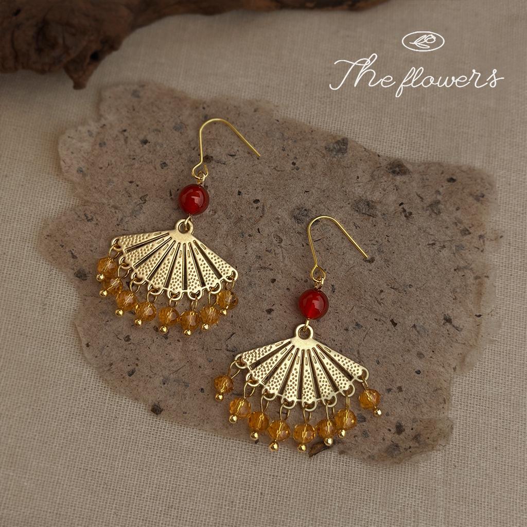 Literature and art antique glass crystal agate handmade design sense national tide new fan earrings earrings