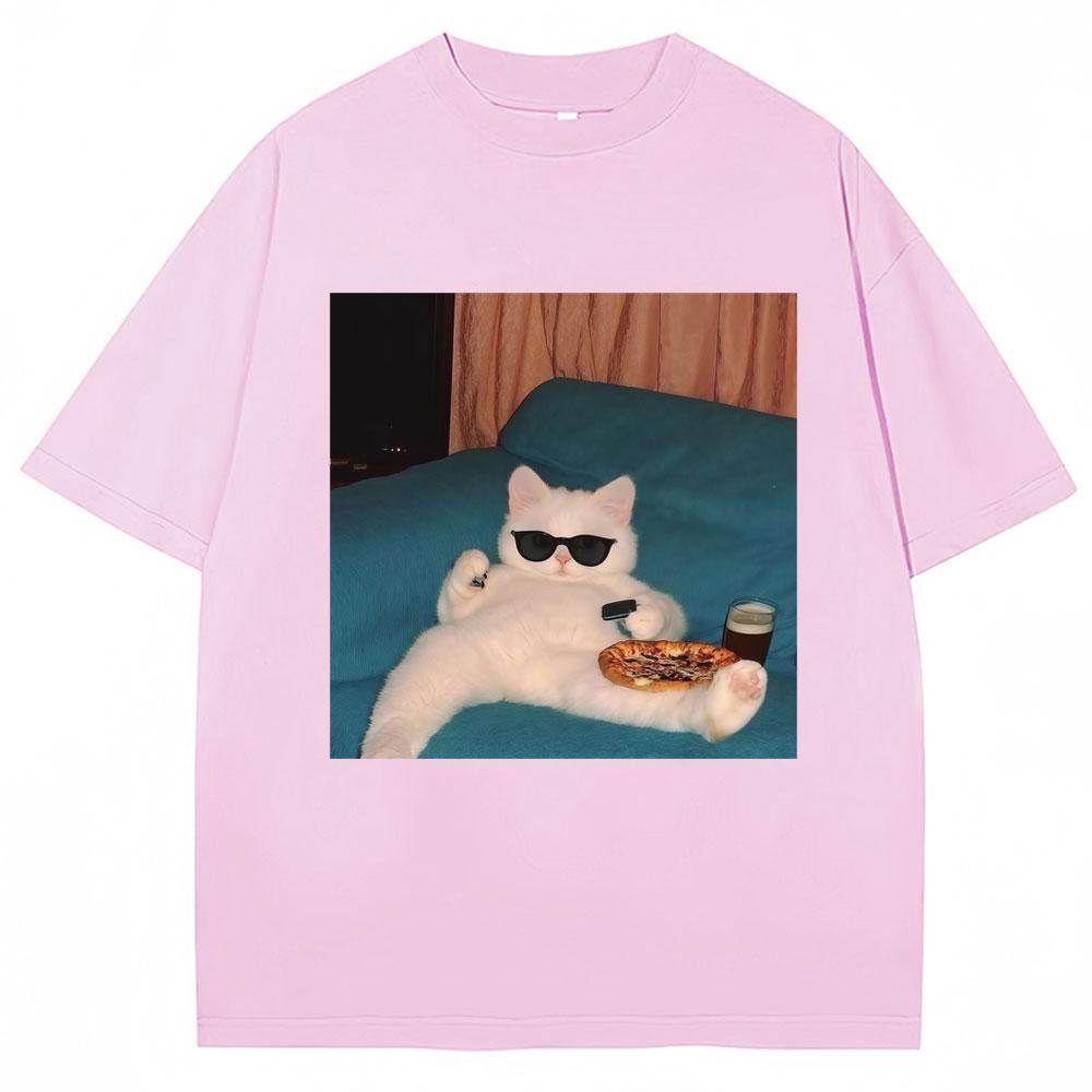 Funny Glasses Cat and Pizza T-shirt Women Creativity Fashion Kawaii T Shirts Casual Tees Cat Lovers Gifts Graphic T Shirts
