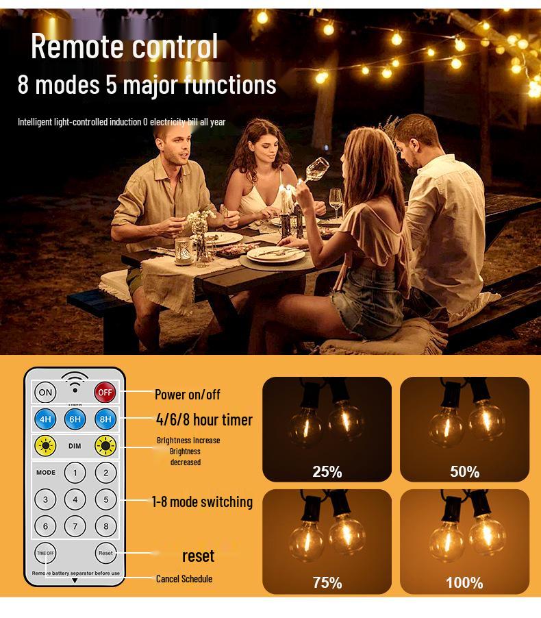 G40 Waterproof Solar LED String Lights - Outdoor, Drop-Proof, Remote-Controlled for Camping, Gardens, Weddings, and Christmas Decorating.