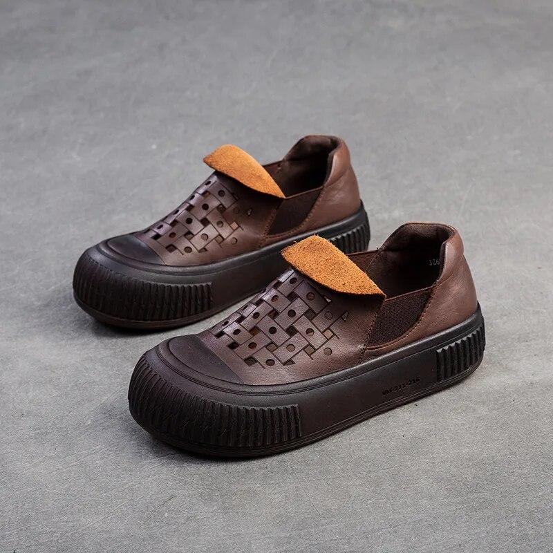Johnature Simple Breathable Hollow-out Shoes Retro Genuine Leather Thick Sole Women's Flat Platform Shoes