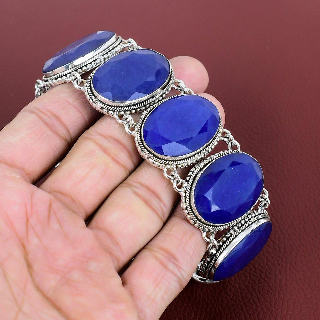 Faceted Blue Sapphire Bracelet 925 Sterling Silver Bracelet Handmade Jewelry Adjustable Chain Bracelet Gemstone Vintage Jewelry Wedding Gift