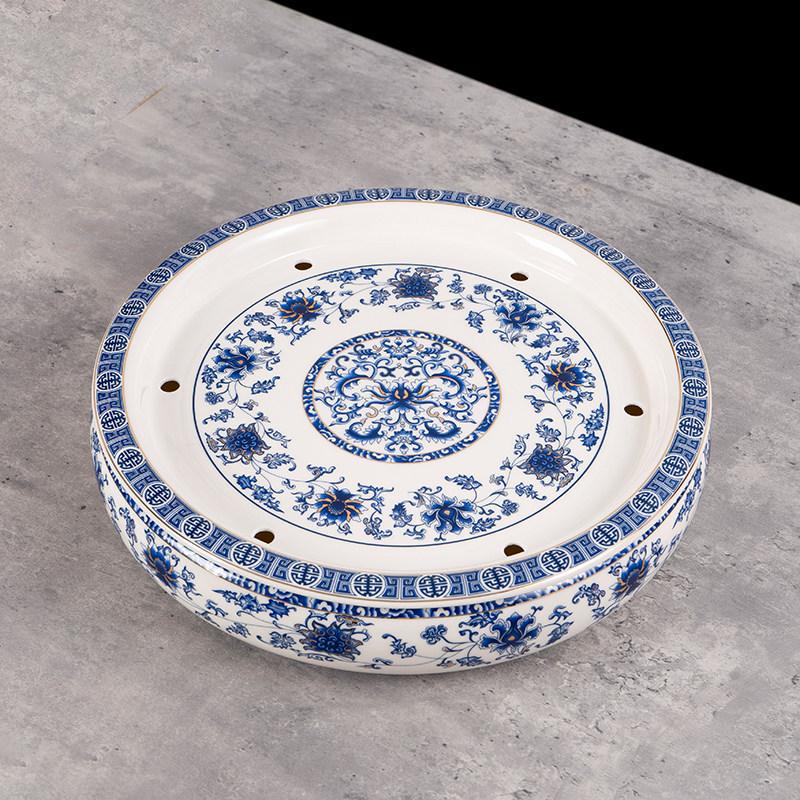 14-inch Ceramic Round Tea Tray for Gongfu Tea, with Double-Layer Water Storage