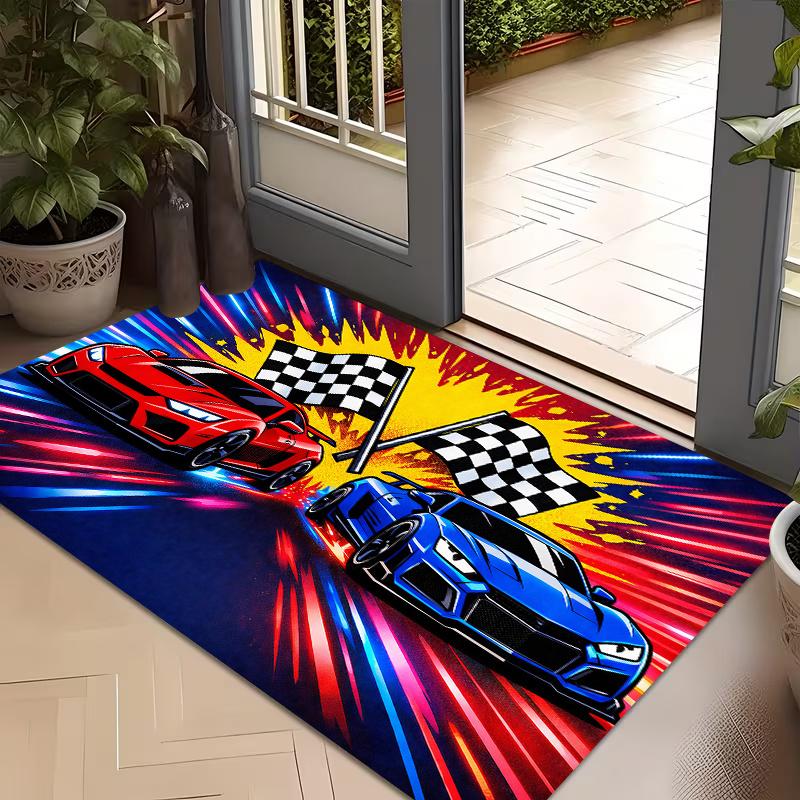 1pc, 2D Flat Printing, Racing Competition Pattern Entrance Mat, Trendy Creative Door Mat, Non-Slip And Machine Washable Polyester Carpet, Suitable for