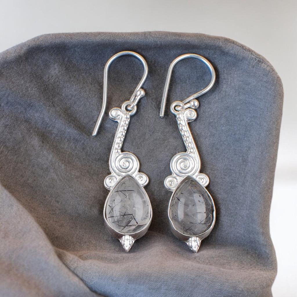 925 Sterling Silver black rutile Gemstone Artisan jewelry Earrings 2.10"For Wife EE-37-22