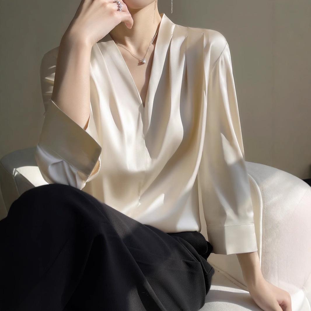 

Жіноча блуза з високоякісного французького шовкового сатину з V-подібним вирізом та рукавами сім восьмих, літня колекція XL білий